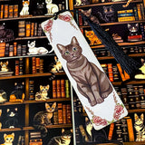 cats in the library vintage bookish gift bundle with acrylic black tassel bookmark and 3 cats postcards. uk cute letterbox mini gifts.