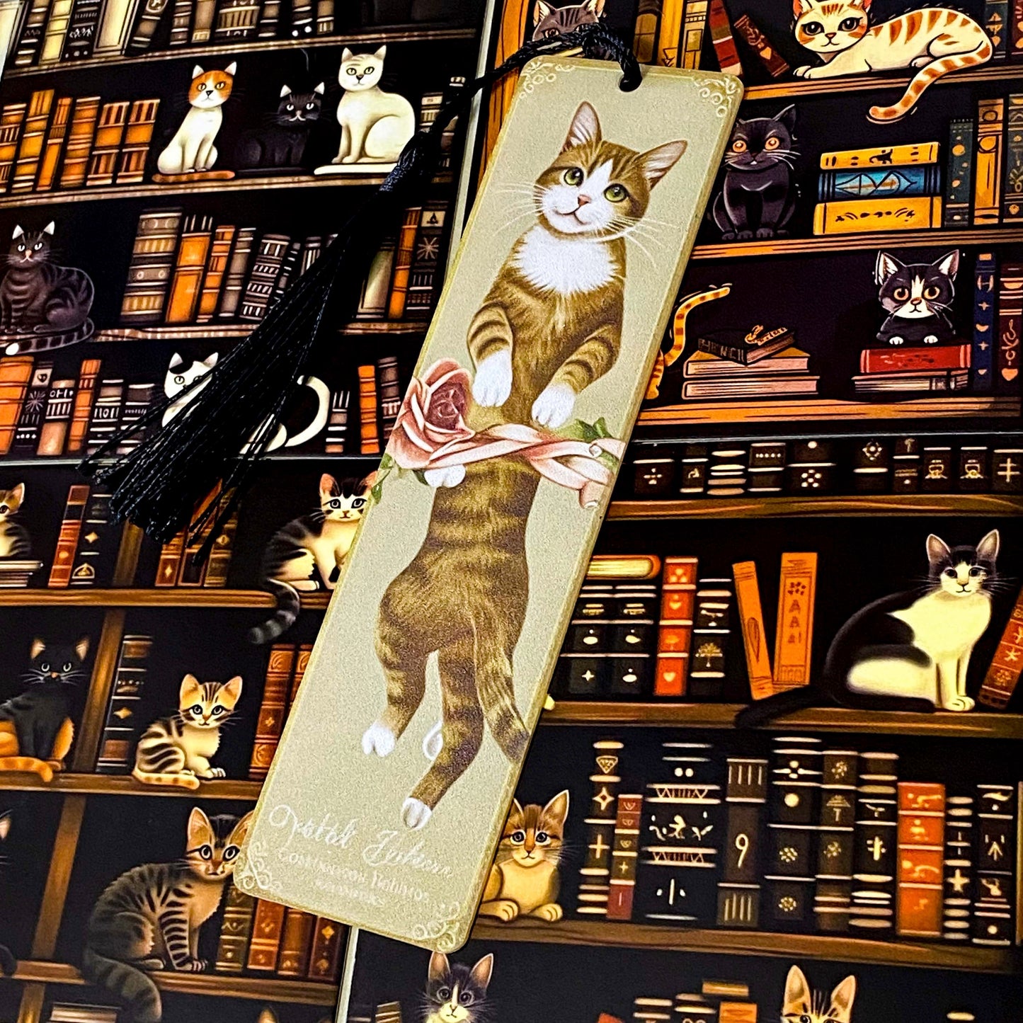 cats in the library vintage bookish gift bundle with acrylic black tassel bookmark and 3 cats postcards. uk cute letterbox mini gifts.