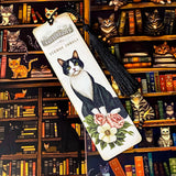 cats in the library vintage bookish gift bundle with acrylic black tassel bookmark and 3 cats postcards. uk cute letterbox mini gifts.