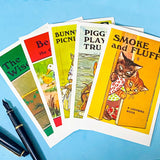 vintage ladybird book cover postcard set of 5 with childhood stories including smoke and fluff and bunnykins