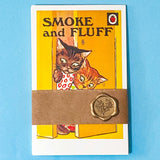 vintage ladybird book cover with 'Smoke and Fluff' cover featuring cats on a blue background