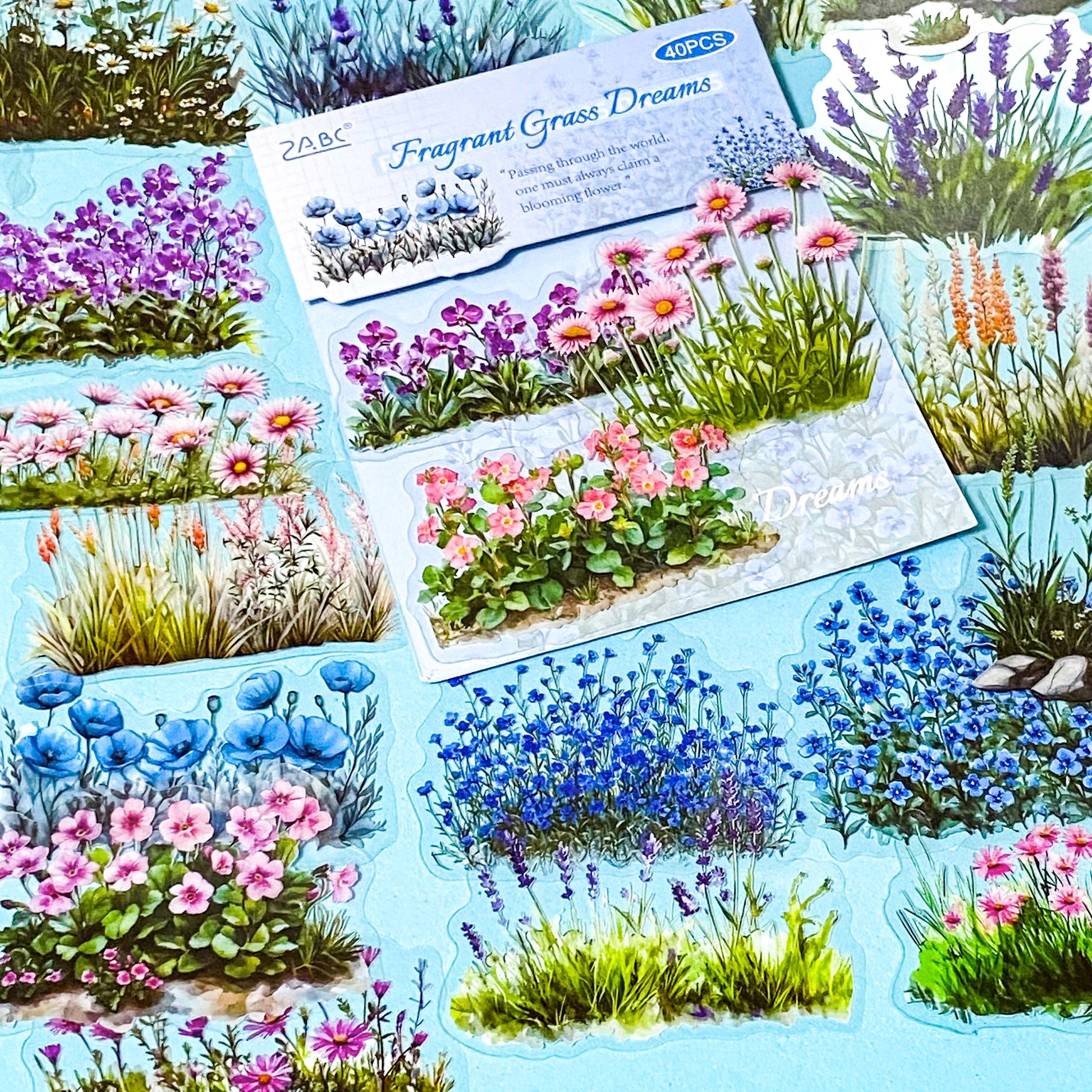 flower border pack of 40 large clear stickers with herbaceous borders and pretty pink blue and white plants on a blue background