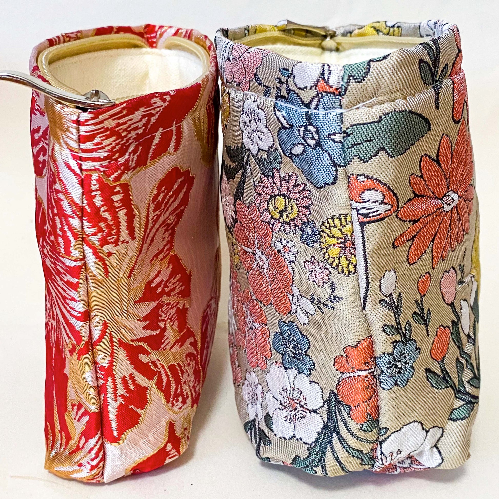 premium woven woodland cosmetic pouch featuring a squirrel, rabbit and wild flowers. Cream lining, bucket shape and concealed zip. Uk premium letterbox gifts. Make up bag or jewellery pouch.