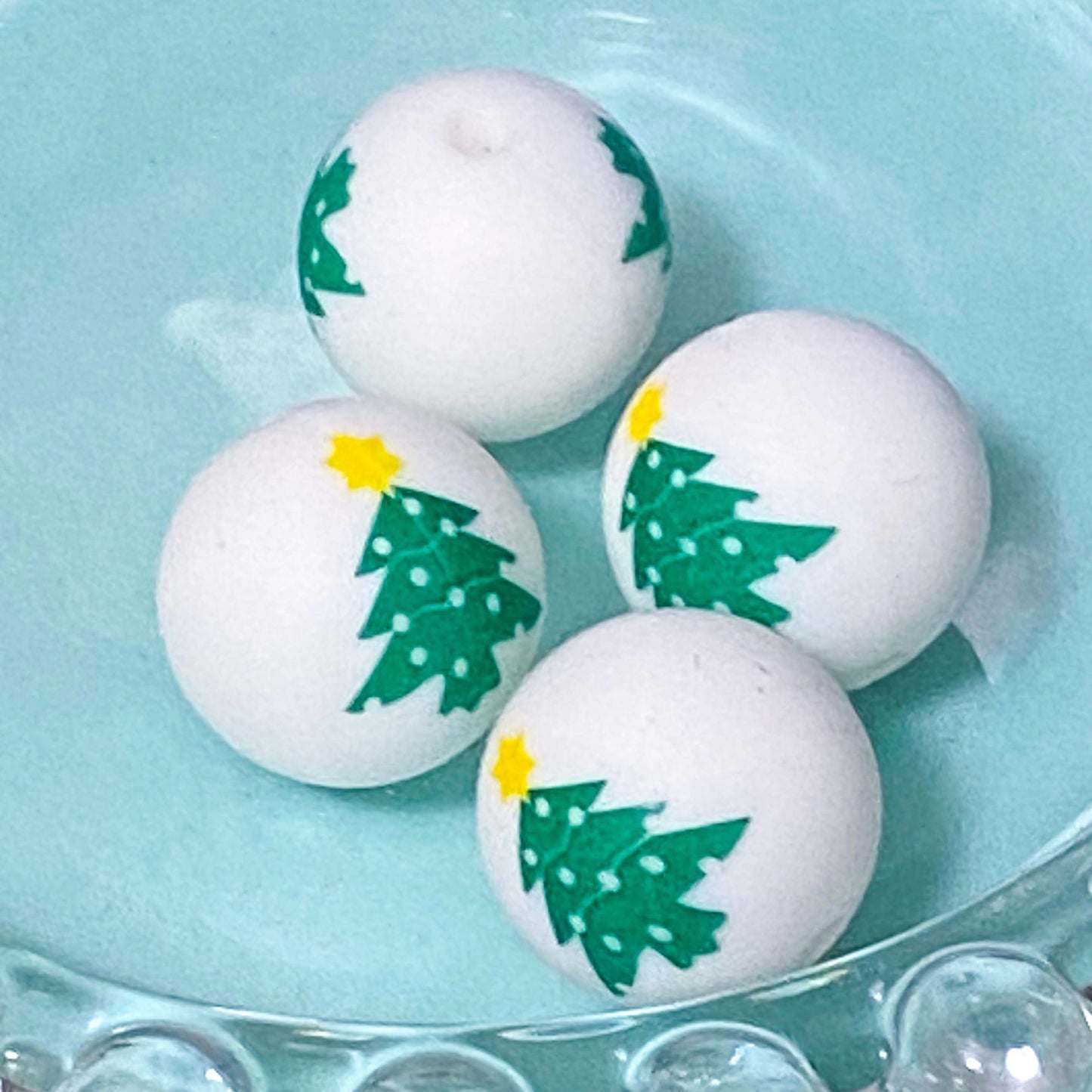 snow globe globes snowglobe white green blue pattern patterned silicone bead beads jumbo large big chunky 27mm 15mm round deep christmas festive decorative beaded pen pens make your own jewellery keyring uk cute kawaii craft supplies tree trees 