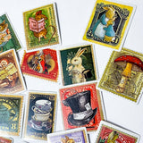 alice in wonderland vintage retro victorian sepia stamp stamps sticker stickers flake flakes pack postage fox peter rabbit beatrix potter animals mouse mice kitten uk cute kawaii stationery shop pack