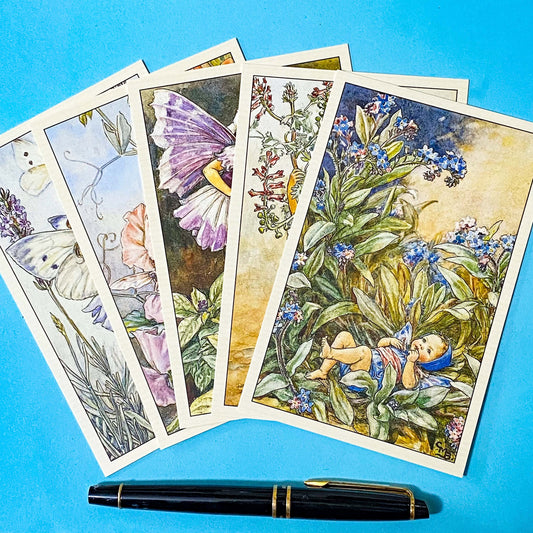 vintage botanical flower fairy postcards showing spring garden fairies including forget me not and sweet pea