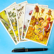 set of 5 vintage flower fairy postcards featuring red clover, ribwort plantain, self heal, black medic, crane's bill on a blue background