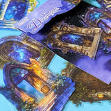 hidden worlds dreamgate fantasy portal large clear sticker pack with ornate doors, glowing entrances and magical celestial scenes in shades of blue, brown and gold