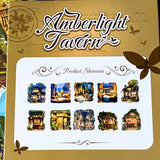 hidden worlds amberlight tavern cosy fantasy large plastic stickers set with candlelit rooms, woodland cottages and warm glowing tavern scenes