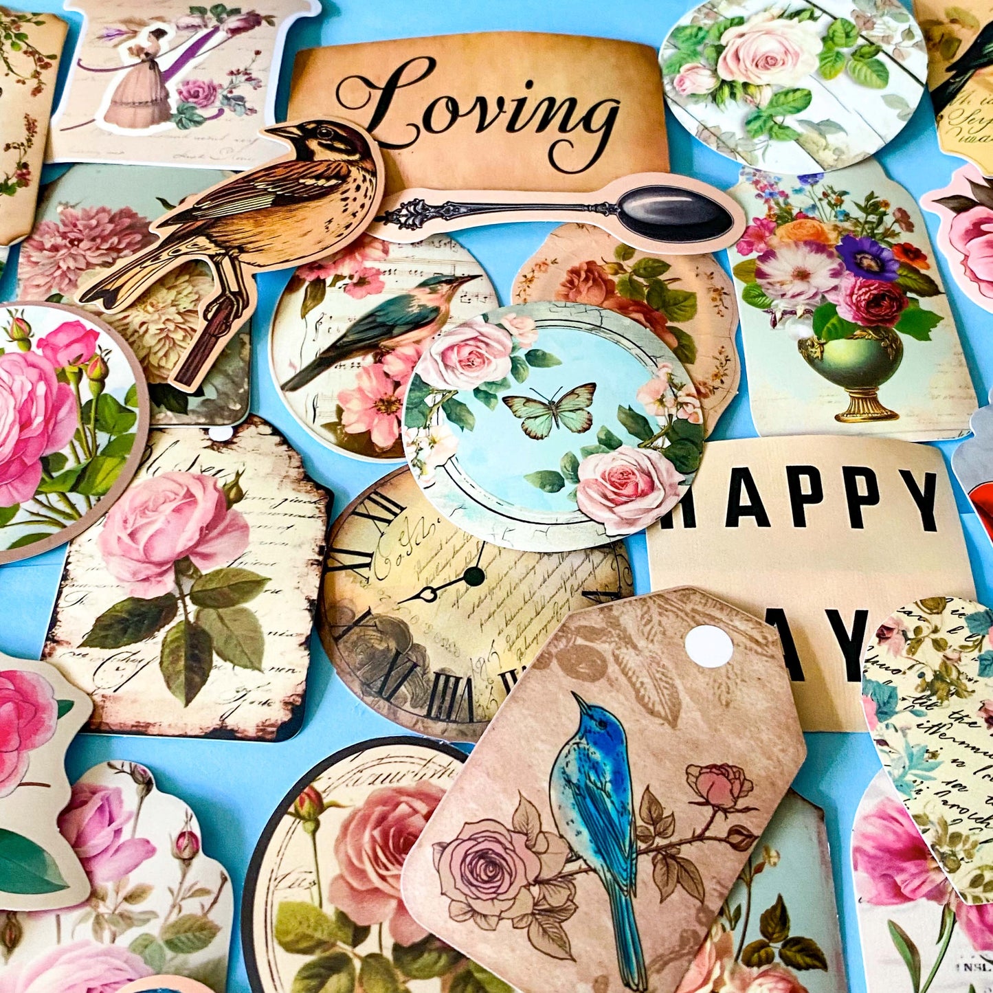 Vintage Botanical Bird & Rose Sticker Pack- 52/26 Cottagecore Laptop & Scrapbook Stickers