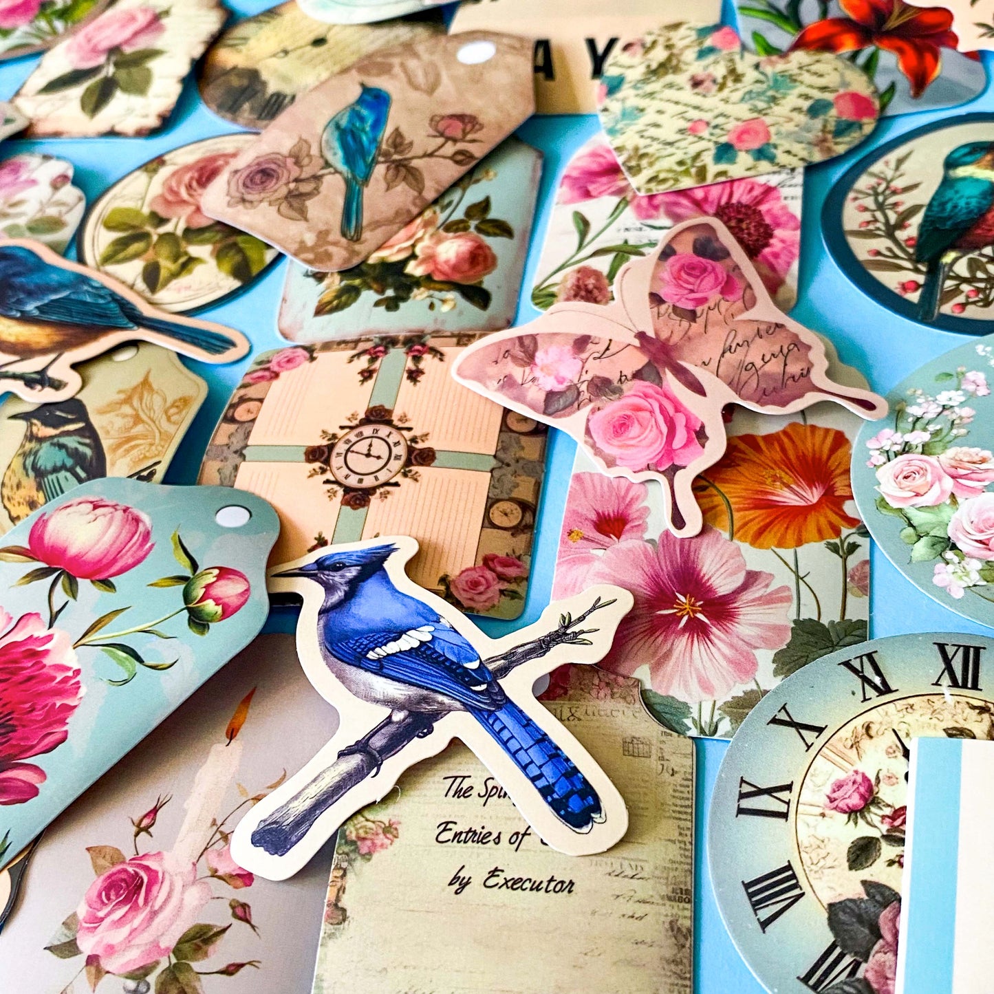Vintage Botanical Bird & Rose Sticker Pack- 52/26 Cottagecore Laptop & Scrapbook Stickers