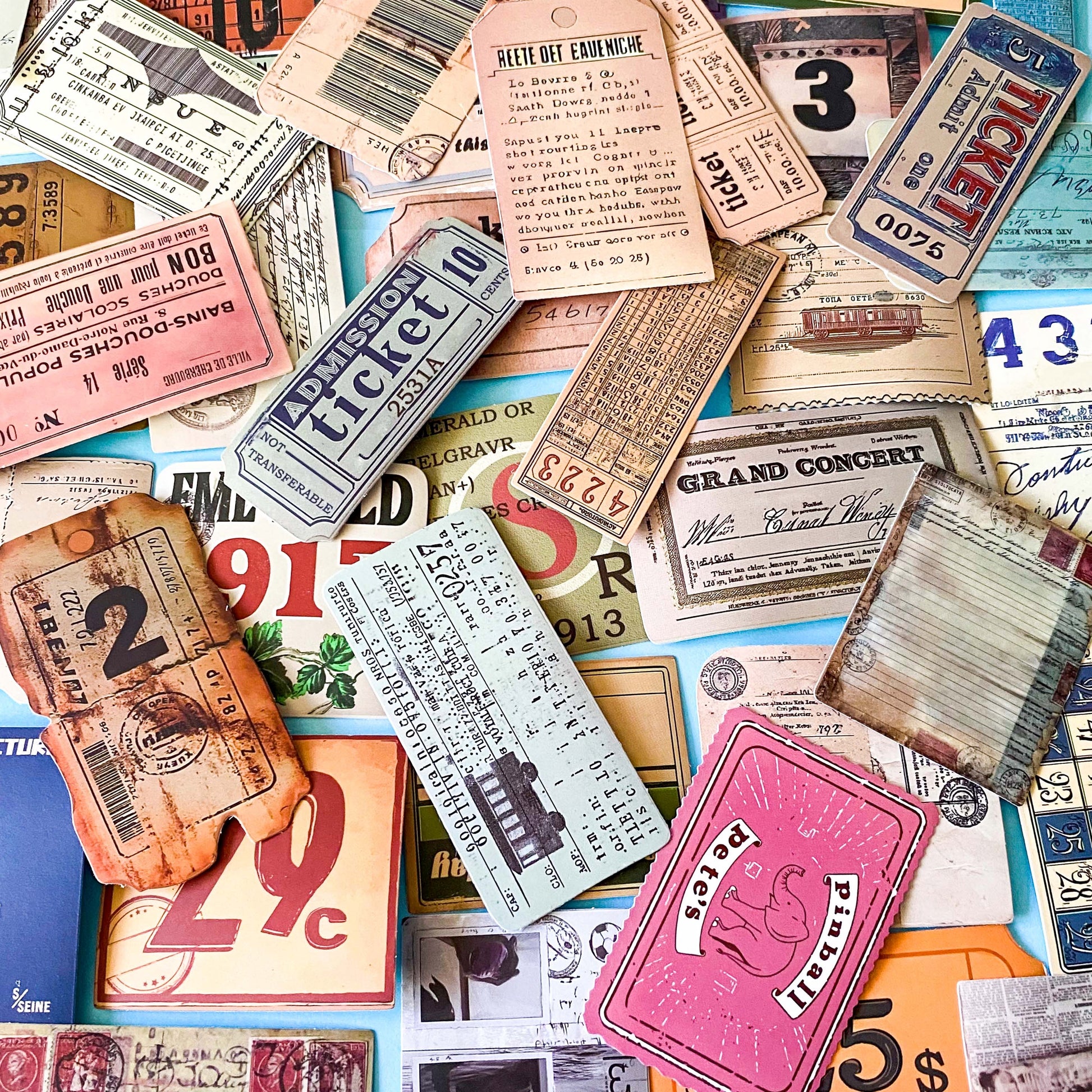 vintage ticket sticker set with travel labels, stamps and ephemera, collage designs, satin finish journaling stickers