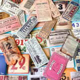 vintage ticket sticker set with travel labels, stamps and ephemera, collage designs, satin finish journaling stickers