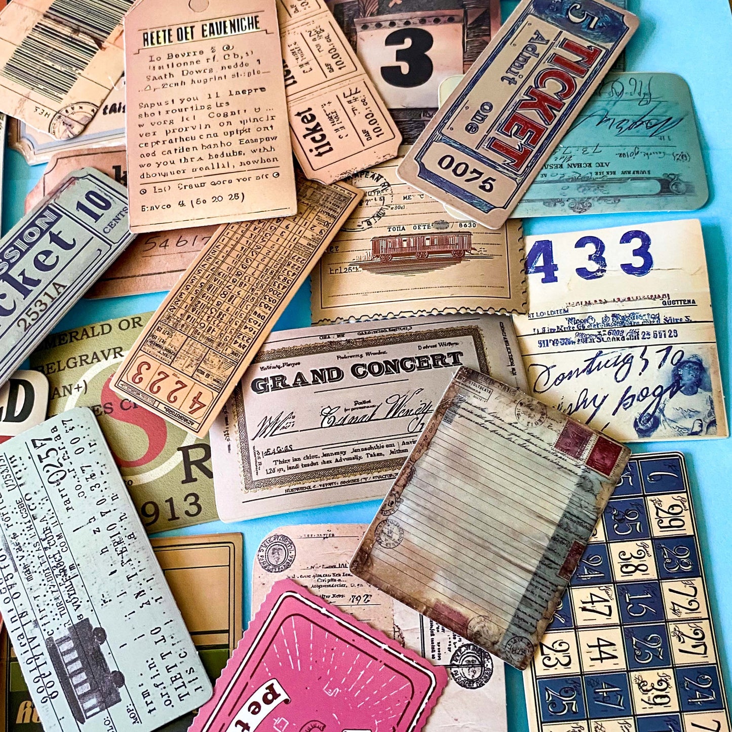 vintage ticket sticker set with travel labels, stamps and ephemera, collage designs, satin finish journaling stickers