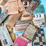 vintage ticket sticker set with travel labels, stamps and ephemera, collage designs, satin finish journaling stickers