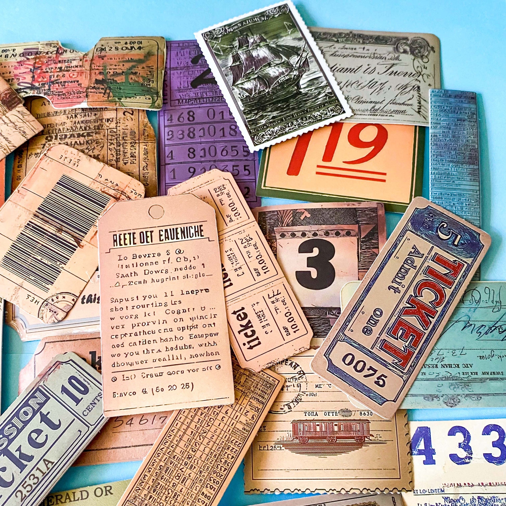 vintage ticket sticker set with travel labels, stamps and ephemera, collage designs, satin finish journaling stickers