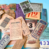 vintage ticket sticker set with travel labels, stamps and ephemera, collage designs, satin finish journaling stickers