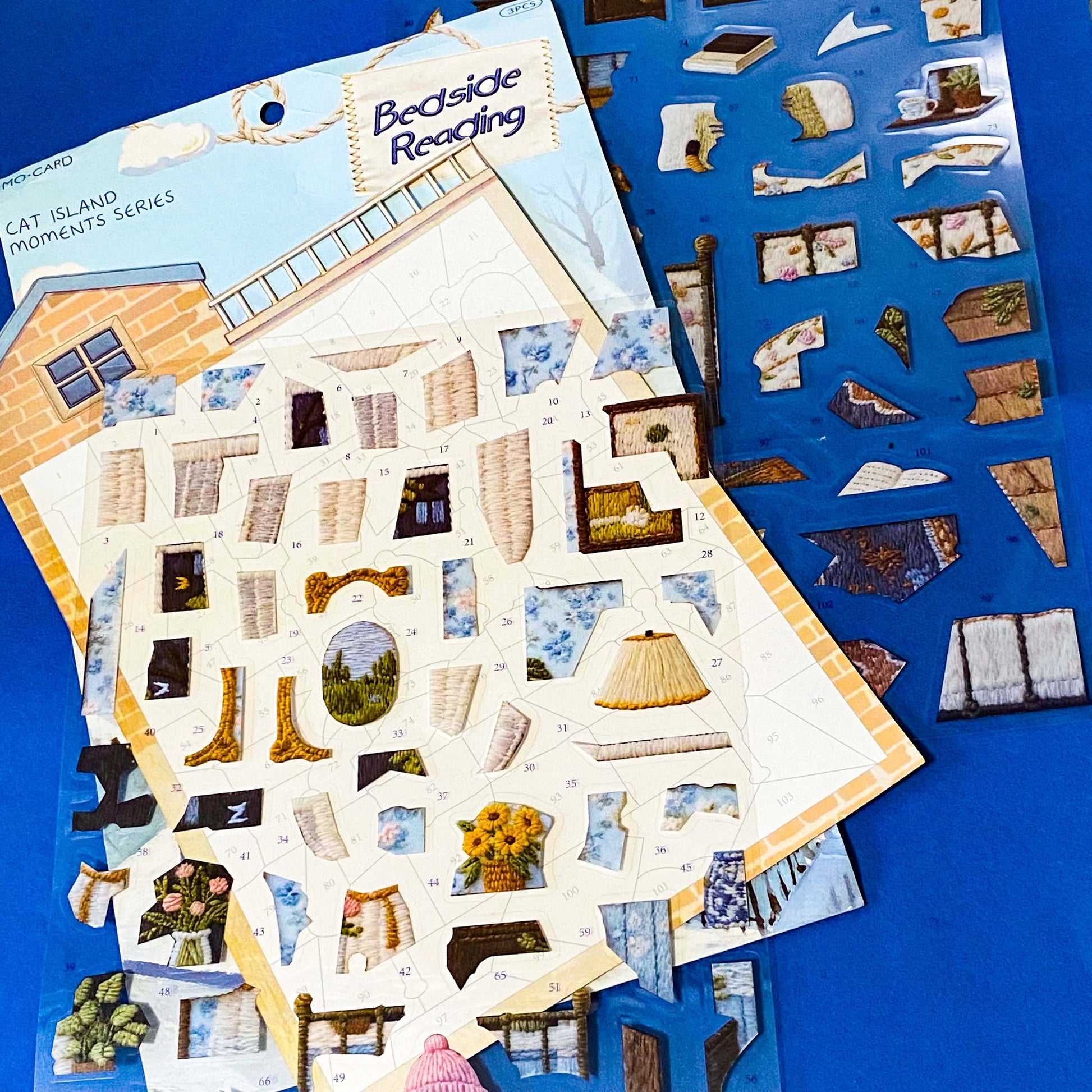 Bedside reading cat mosaic sticker kit with stitched effect PET stickers, numbered backing board and cosy bedroom aesthetic. uk letterbox gifts.