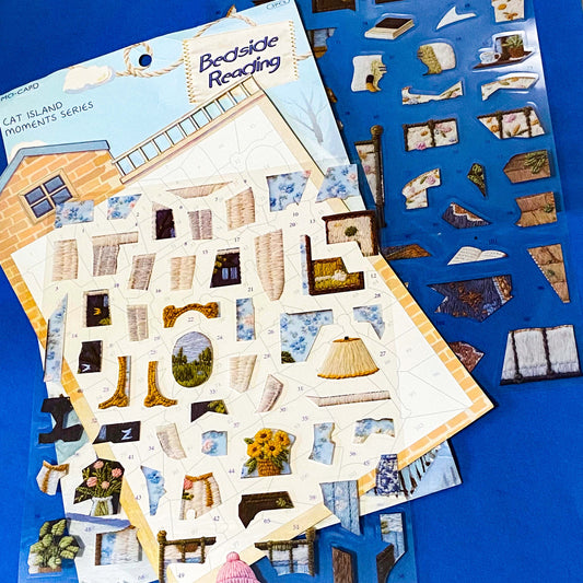 Bedside reading cat mosaic sticker kit with stitched effect PET stickers, numbered backing board and cosy bedroom aesthetic. uk letterbox gifts.