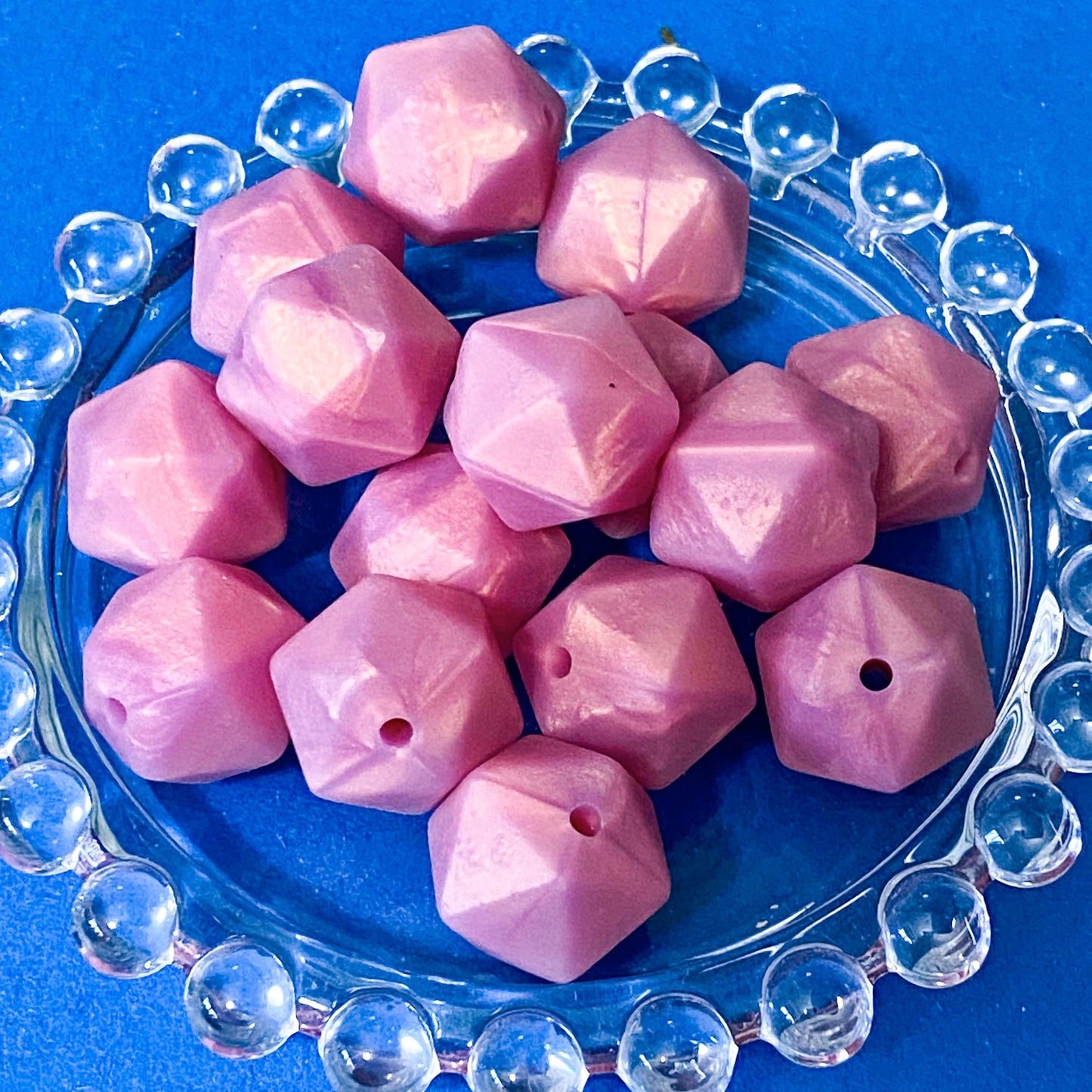 deep pink pearlescent multi sided hexagonal beads dodecagon 20mm with pearl sheen and 2mm hole. uk craft supplies shop.