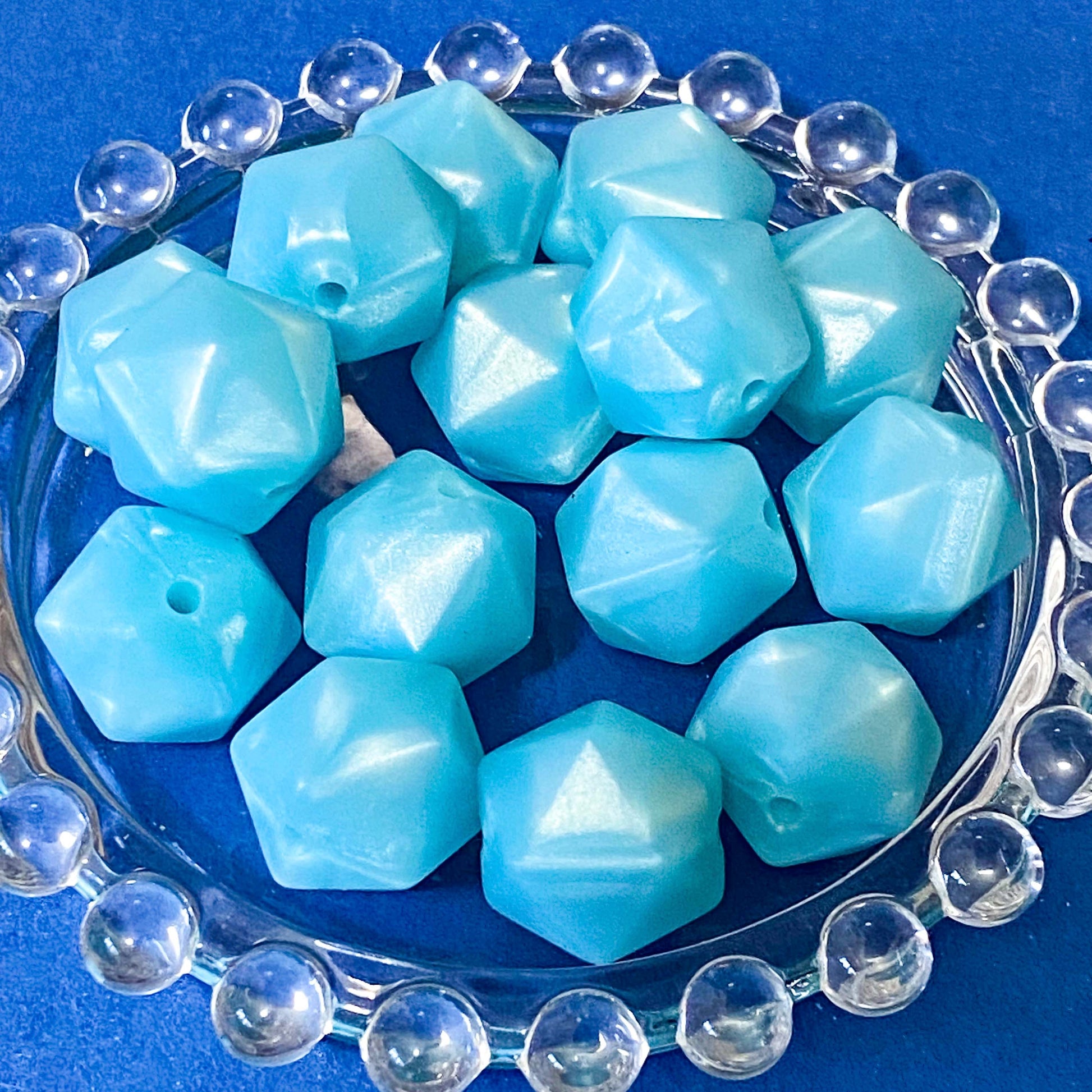 mid blue pearlescent silicone multi sided hexagon 20mm beads with dodecagon shape and pearly sheen. uk craft supplies shop.