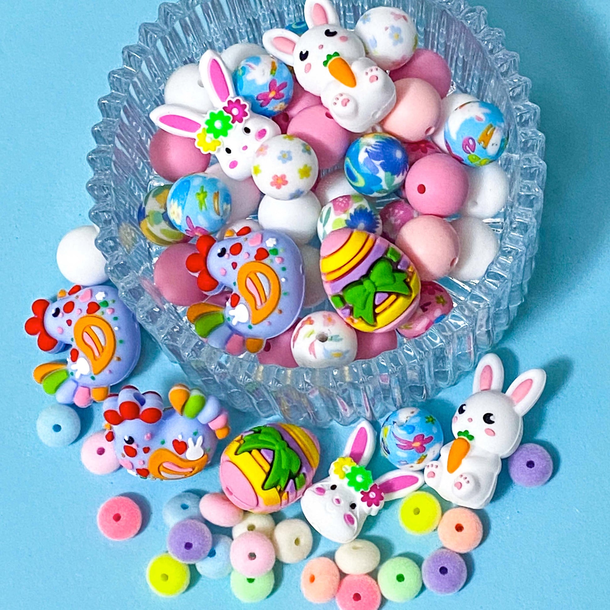 easter spring fun cute kawaii bead beads jumbo large silicone soft touch flocked furry fuzzy 12mm 11mm spacer spacers bunny rabbit bunnies egg eggs cockerel cockerell chicken pink lemon yellow blue pretty beaded pen build your own uk stationery craft supplies shop store
