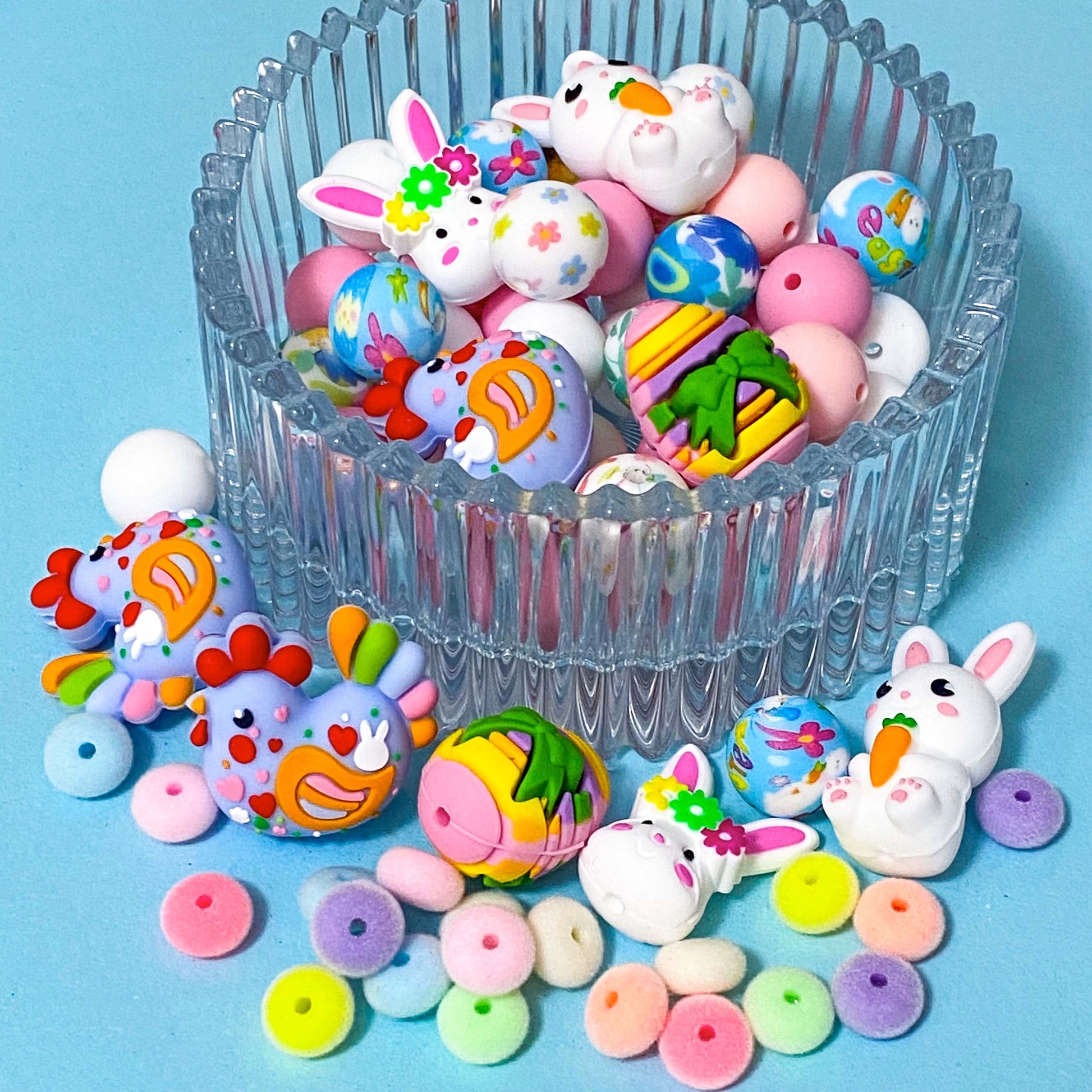 easter spring fun cute kawaii bead beads jumbo large silicone soft touch flocked furry fuzzy 12mm 11mm spacer spacers bunny rabbit bunnies egg eggs cockerel cockerell chicken pink lemon yellow blue pretty beaded pen build your own uk stationery craft supplies shop store