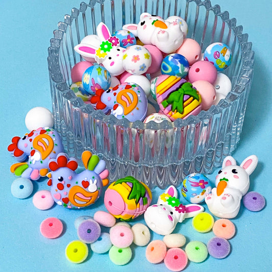 easter spring fun cute kawaii bead beads jumbo large silicone soft touch flocked furry fuzzy 12mm 11mm spacer spacers bunny rabbit bunnies egg eggs cockerel cockerell chicken pink lemon yellow blue pretty beaded pen build your own uk stationery craft supplies shop store