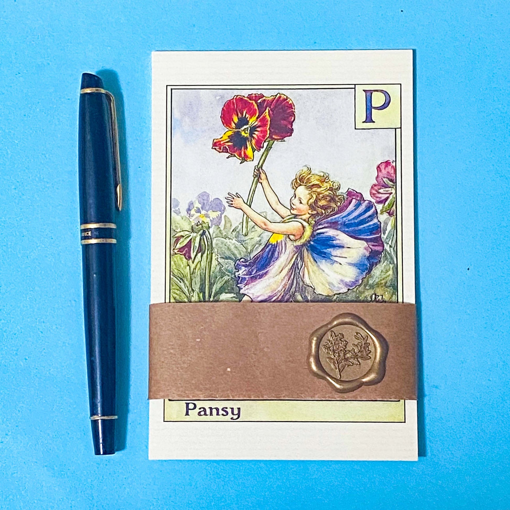 flower fairies letters of the alphabet postcard set of 5 wrapped in a kraft belly band and wax seal featuring letters p, q, r, s and t