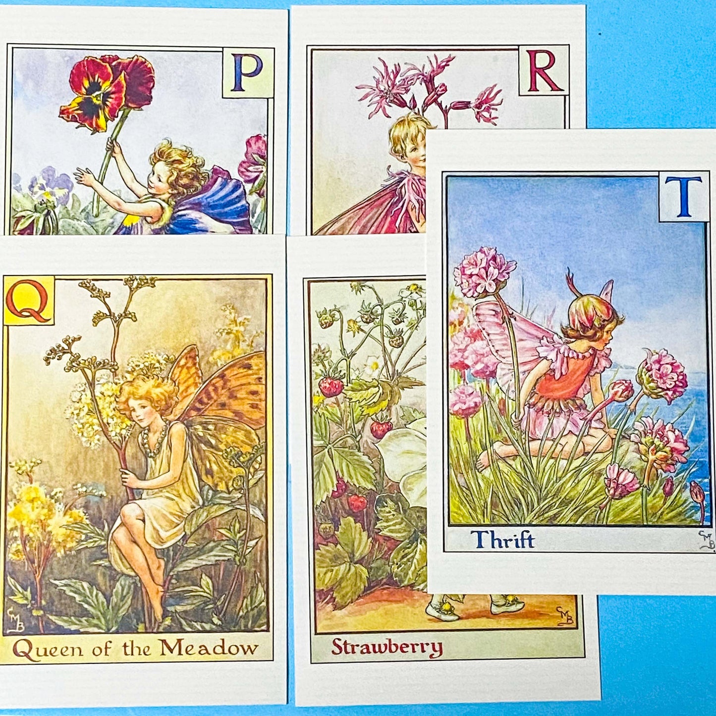 flower fairies letters of the alphabet postcard set of 5 wrapped in a kraft belly band and wax seal featuring letters p, q, r, s and t