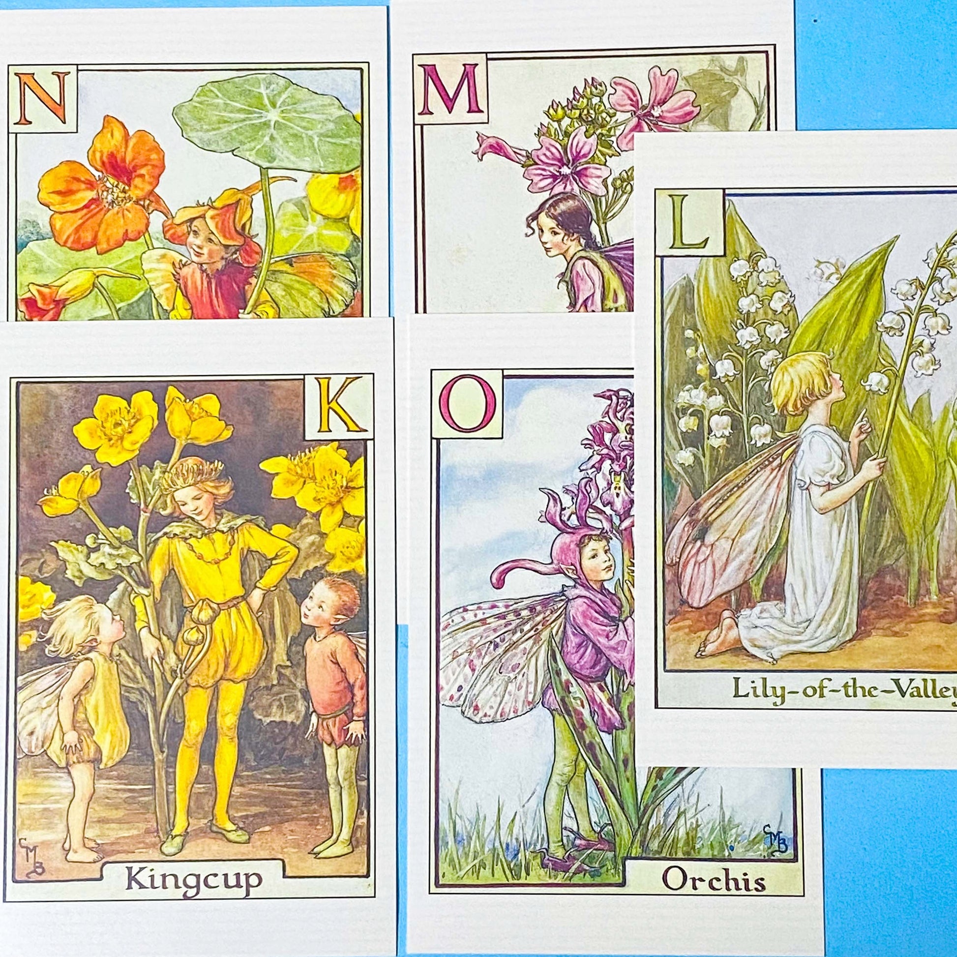 vintage flower fairy postcard set of 5 featuring letters of the alphabet k, l, m, n and o