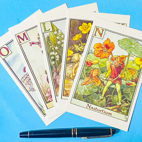 flower fairies set of 5 alphabet postcards with letters k, l, m, n and o