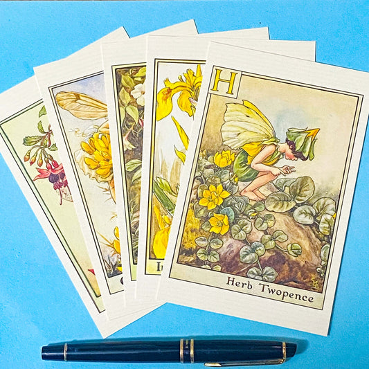 flower fairies vintage postcards set of 5 with letters of the alphabet f, g, h, i and j