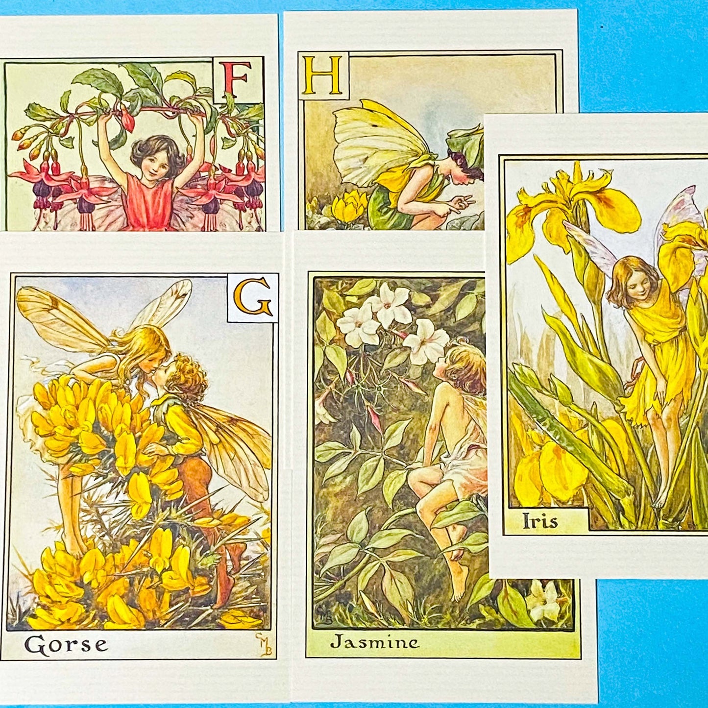 pack of 5 vintage flower fairies postcards with letters of the alphabet f, g, h, i, and j