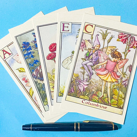 set of flower fairy postcards with letters of the alphabet a, b, c, d and e
