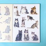 cat elf sticker book of 20 clear sheets of vintage cats and flowers pet stickers on a blue background