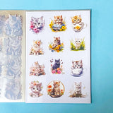 cat elf sticker book of 20 clear sheets of vintage cats and flowers pet stickers on a blue background