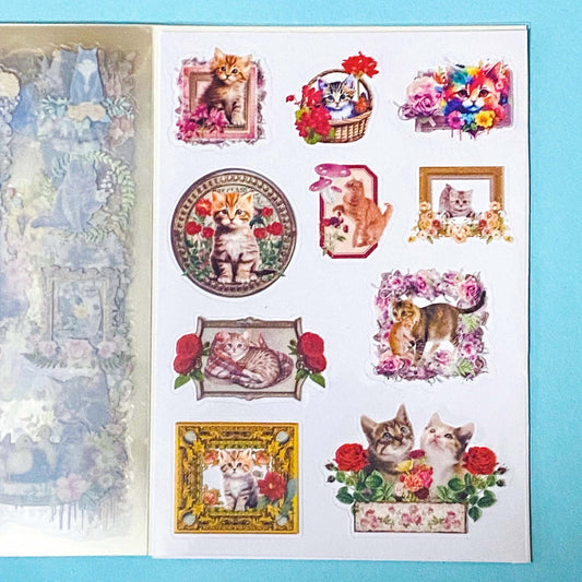 cat elf sticker book of 20 clear sheets of vintage cats and flowers pet stickers on a blue background