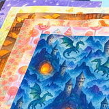 fairy story magical fantasy pack of 8 80gsm scrapbooking paper sheets with mushrooms, castles, crystals, dragons, books, animals and mermaids