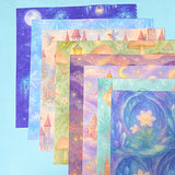 fairy story magical fantasy pack of 8 80gsm scrapbooking paper sheets with mushrooms, castles, crystals, dragons, books, animals and mermaids