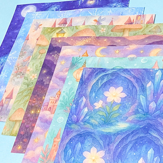 fairy story magical fantasy pack of 8 80gsm scrapbooking paper sheets with mushrooms, castles, crystals, dragons, books, animals and mermaids