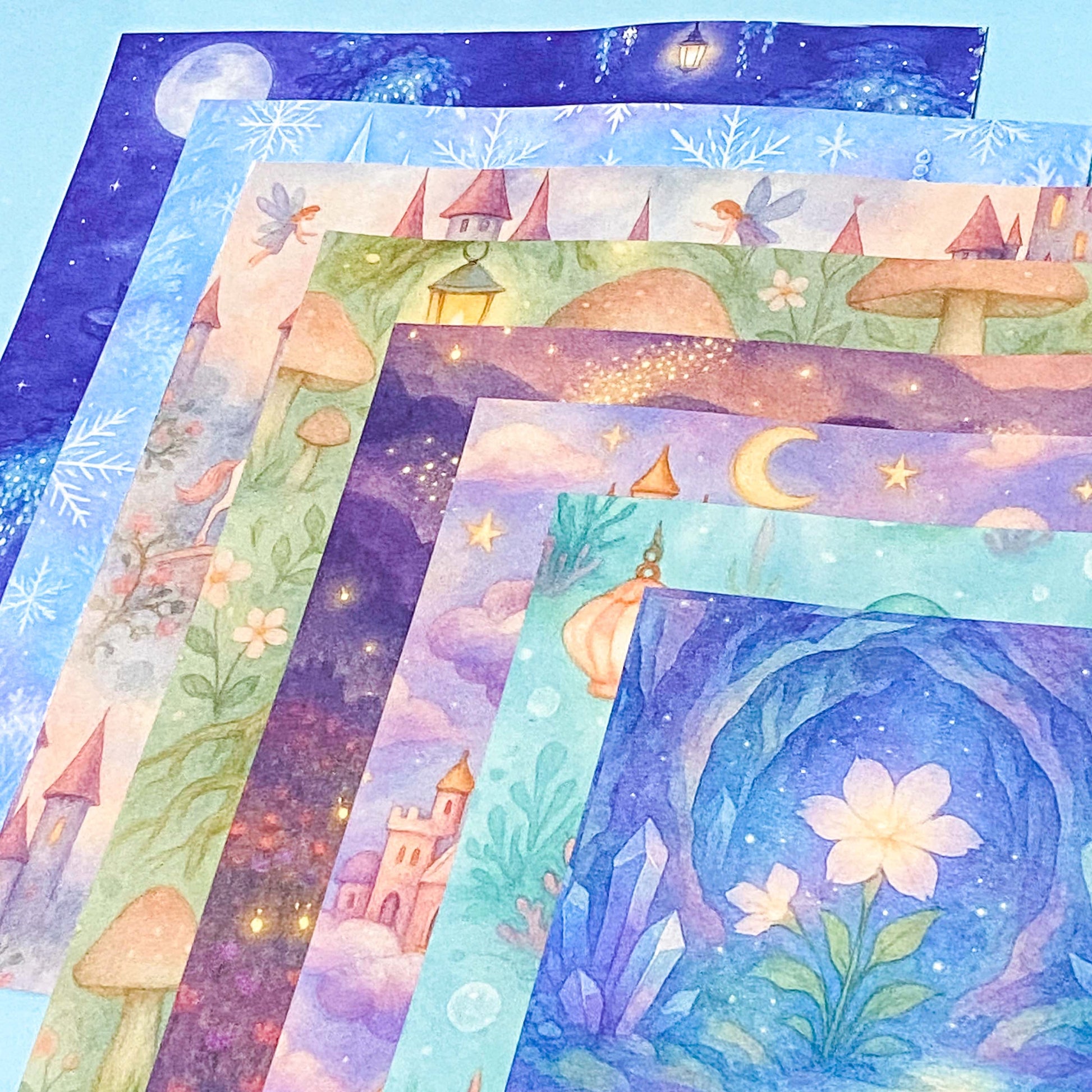 fairy story magical fantasy pack of 8 80gsm scrapbooking paper sheets with mushrooms, castles, crystals, dragons, books, animals and mermaids