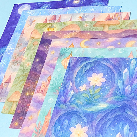 fairy story magical fantasy pack of 8 80gsm scrapbooking paper sheets with mushrooms, castles, crystals, dragons, books, animals and mermaids
