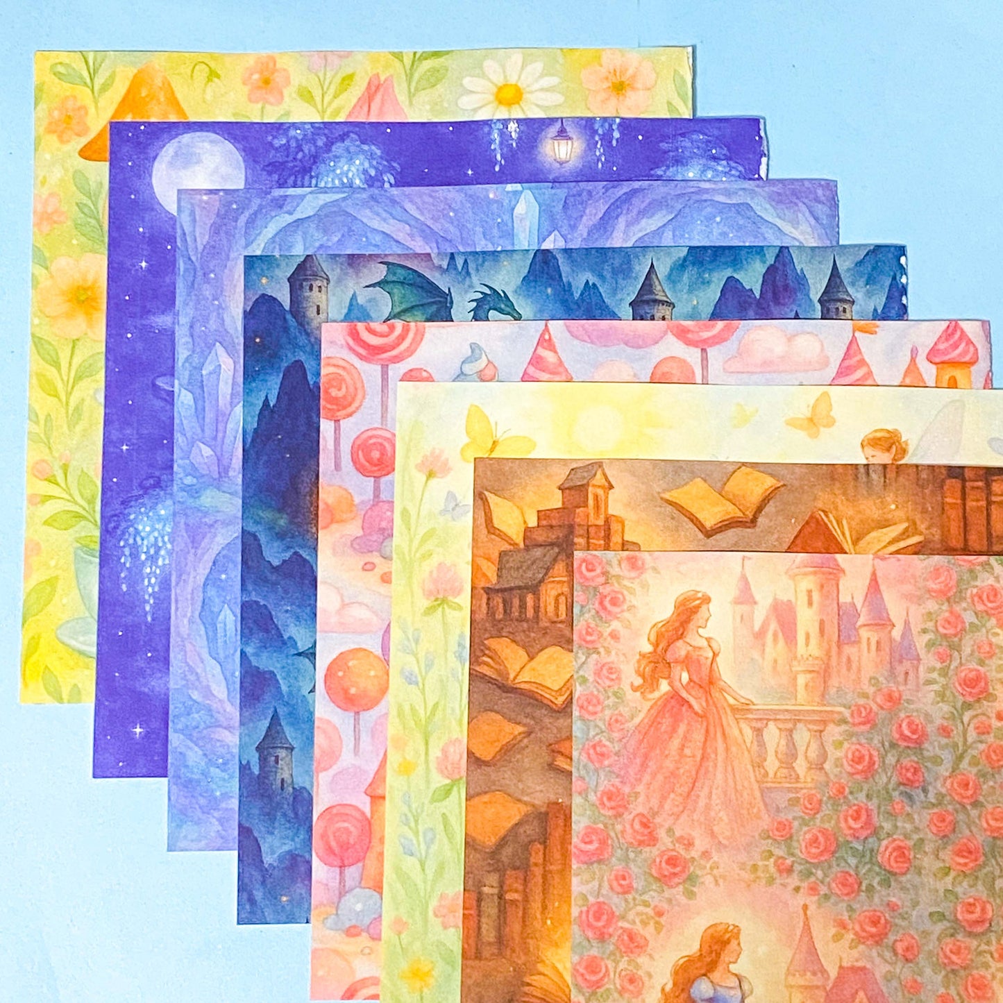 fairy story magical fantasy pack of 8 80gsm scrapbooking paper sheets with mushrooms, castles, crystals, dragons, books, animals and mermaids