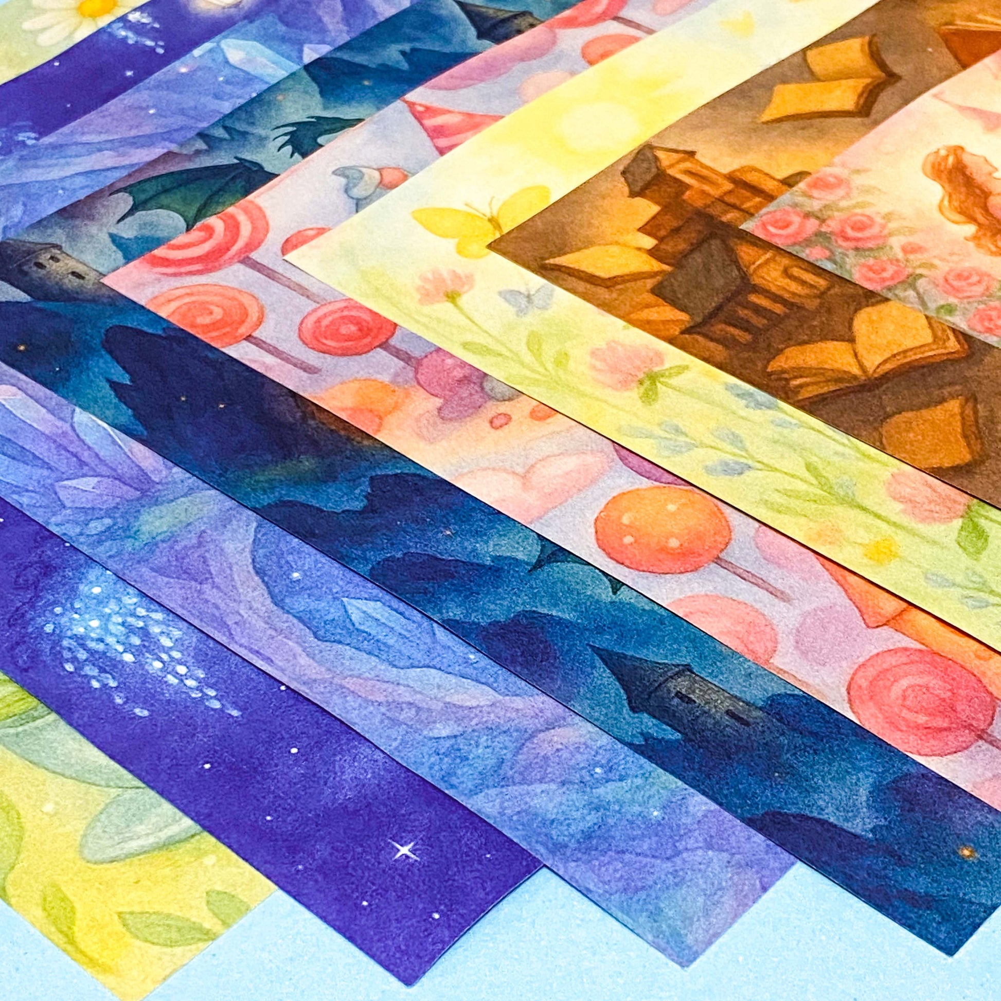 fairy story magical fantasy pack of 8 80gsm scrapbooking paper sheets with mushrooms, castles, crystals, dragons, books, animals and mermaids