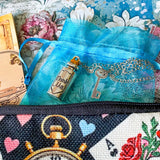 alice in wonderland time for tea stationery letterbox gift with canvas pouch, silver drink me necklace, book of clear vintage stickers and scrapbooking paper sheets