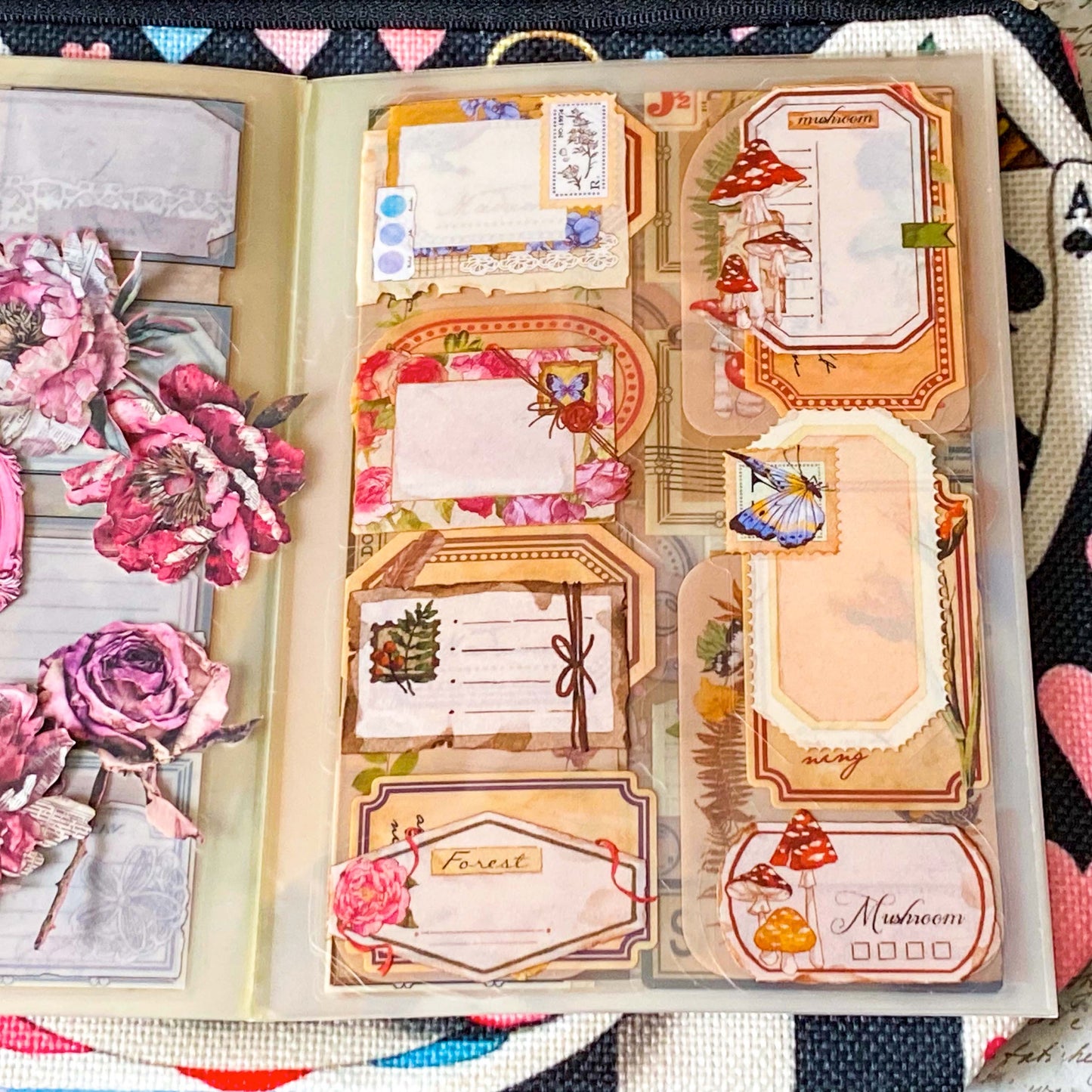alice in wonderland time for tea stationery letterbox gift with canvas pouch, silver drink me necklace, book of clear vintage stickers and scrapbooking paper sheets
