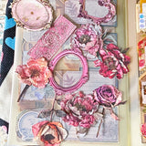 alice in wonderland time for tea stationery letterbox gift with canvas pouch, silver drink me necklace, book of clear vintage stickers and scrapbooking paper sheets