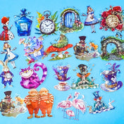 wonderland inspired PET sticker set with Alice style characters, clocks, rabbits, mushrooms, Mad Hatter, Cheshire Cat, Tweedledee Tweedledum and Tea Cups on blue background