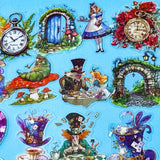 vibrant clear plastic PET stickers with an Alice in wonderland theme including illustrations of flamingo eat me cake, drink me potion, white rabbit, caterpillar on mushroom and pocket watch- uk cute and kawaii stationery gift